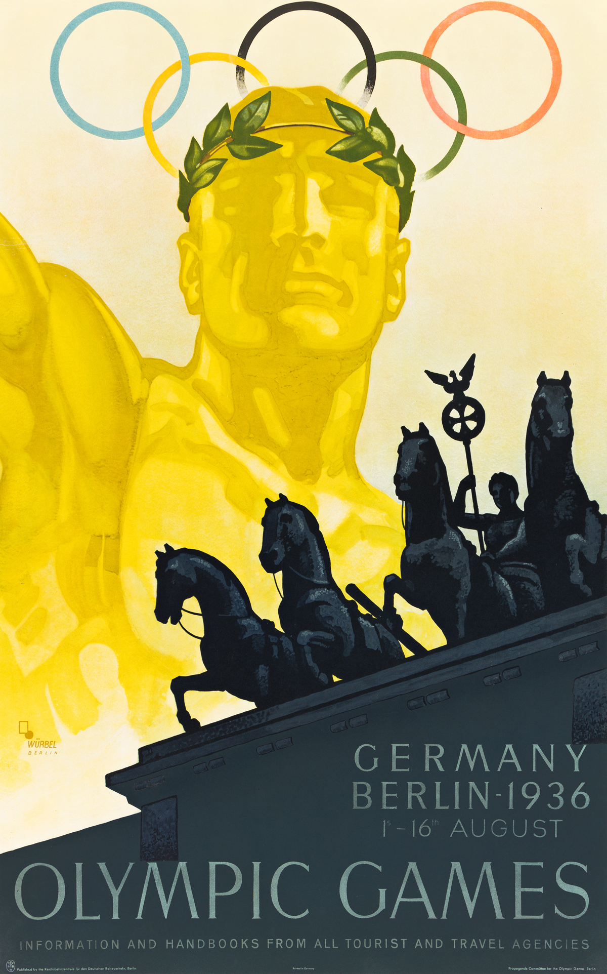 FRANZ WÜRBEL (1896-?).  OLYMPIC GAMES / BERLIN. 1936. 39¾x24¼ inches, 101x61½ cm. Reichsbahnzentrale fur den Deutschen Reiseverkehr, Be